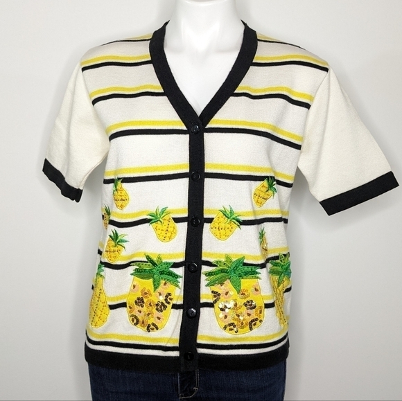 Vintage Terazzo black white yellow pineapple button up cardigan S - Picture 1 of 10